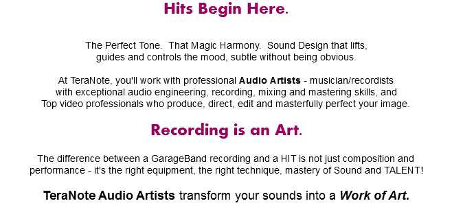 Hits Begin Here. The Perfect Tone. That Magic Harmony. Sound Design that lifts, guides and controls the mood, subtle without being obvious. At TeraNote, you'll work with professional Audio Artists - musician/recordists with exceptional audio engineering, recording, mixing and mastering skills, and Top video professionals who produce, direct, edit and masterfully perfect your image. Recording is an Art. The difference between a GarageBand recording and a HIT is not just composition and performance - it's the right equipment, the right technique, mastery of Sound and TALENT! TeraNote Audio Artists transform your sounds into a Work of Art. 